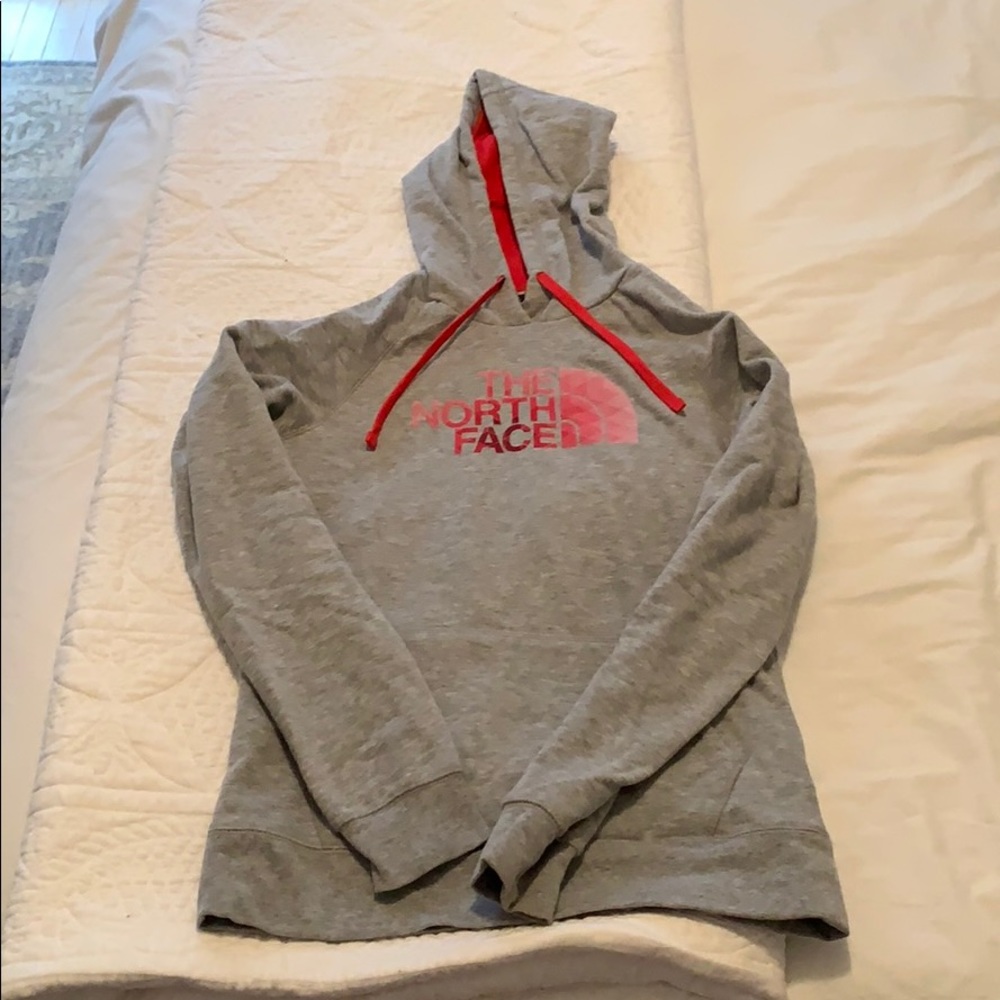 The North Face Gray Hoodie with Pink Logo and Red Drawstrings